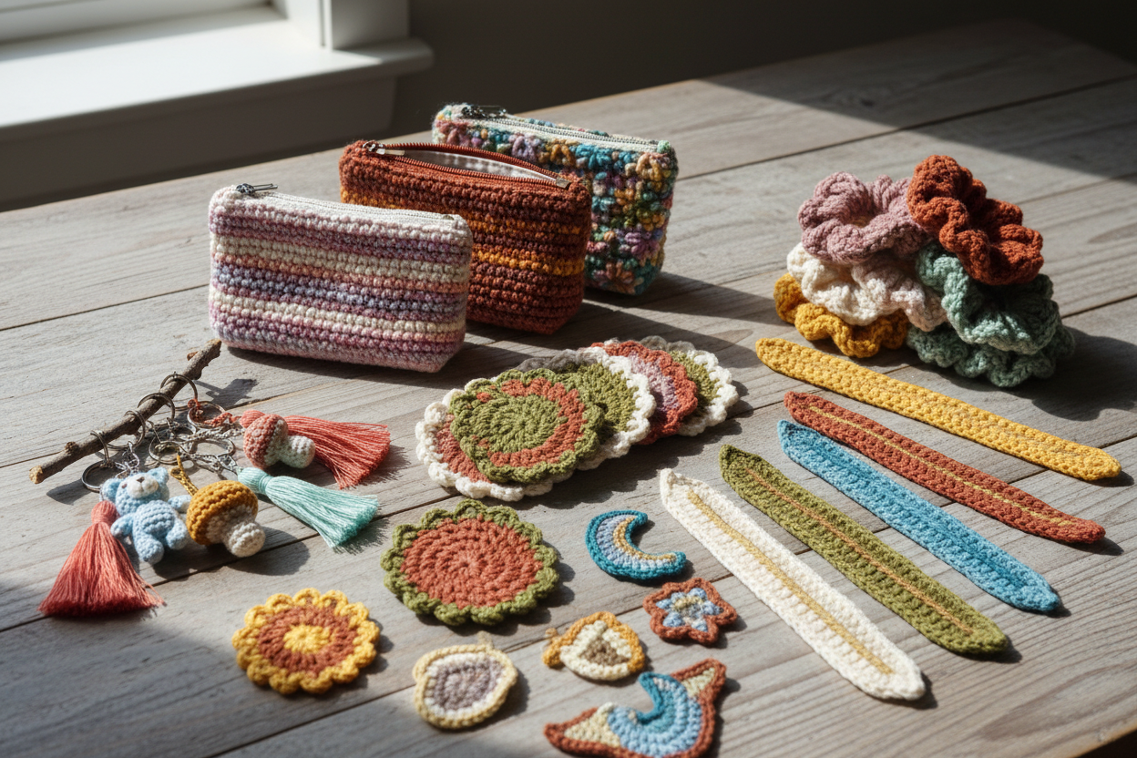 a bunch of crochet accessories on a surface