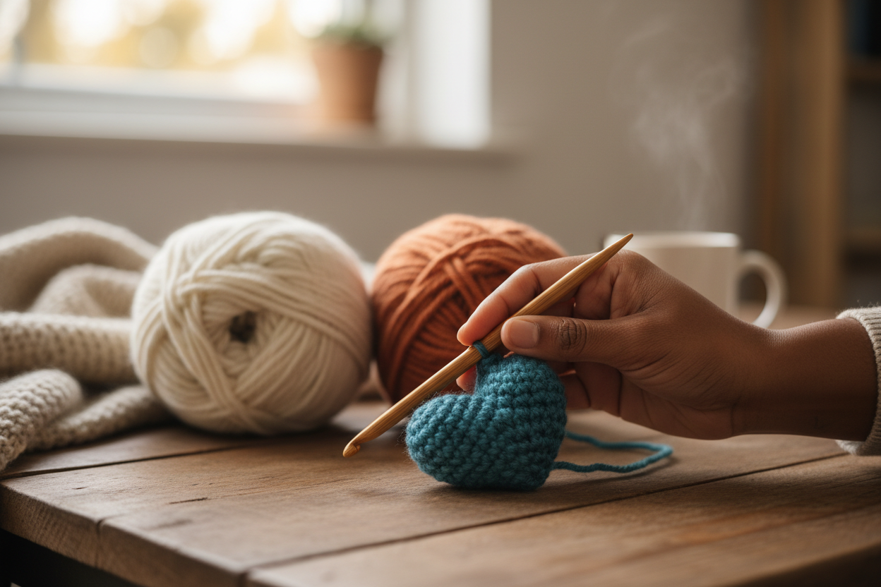 a darkskin hand holding a crochet hook and 2 yarns in the background, a heart shape crochet piece laying beside them